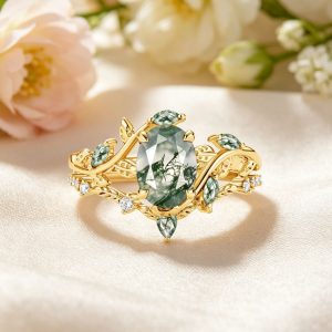 Silver stacked moss gemstone engagement rings