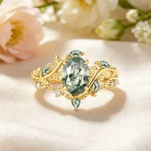 Silver stacked moss gemstone engagement rings