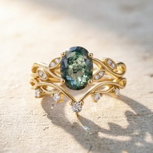 Natural moss agate wedding ring